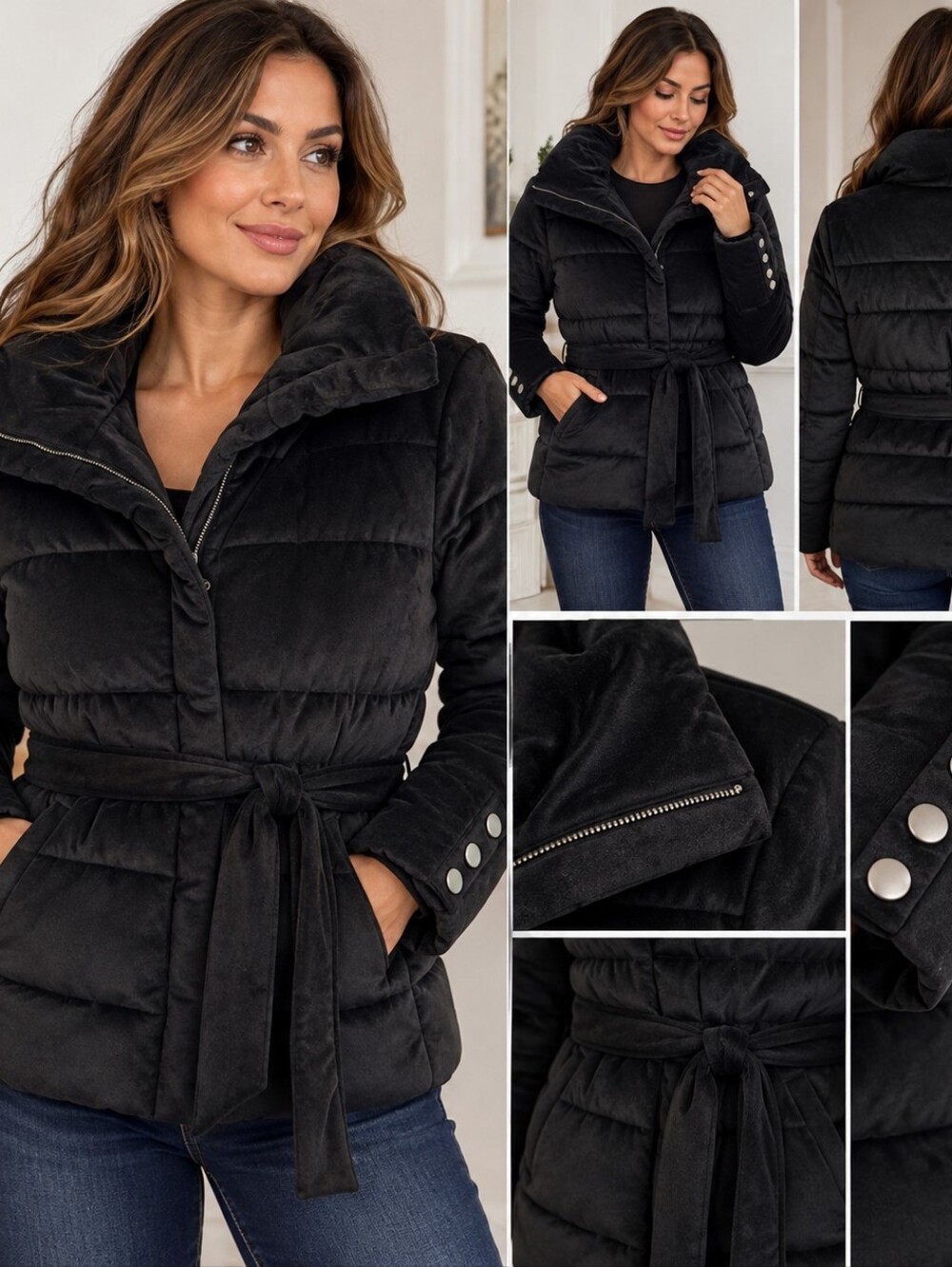 Sofia Jeans by Sofia Vergara Black Velvet Puffer Jacket Belted Size M